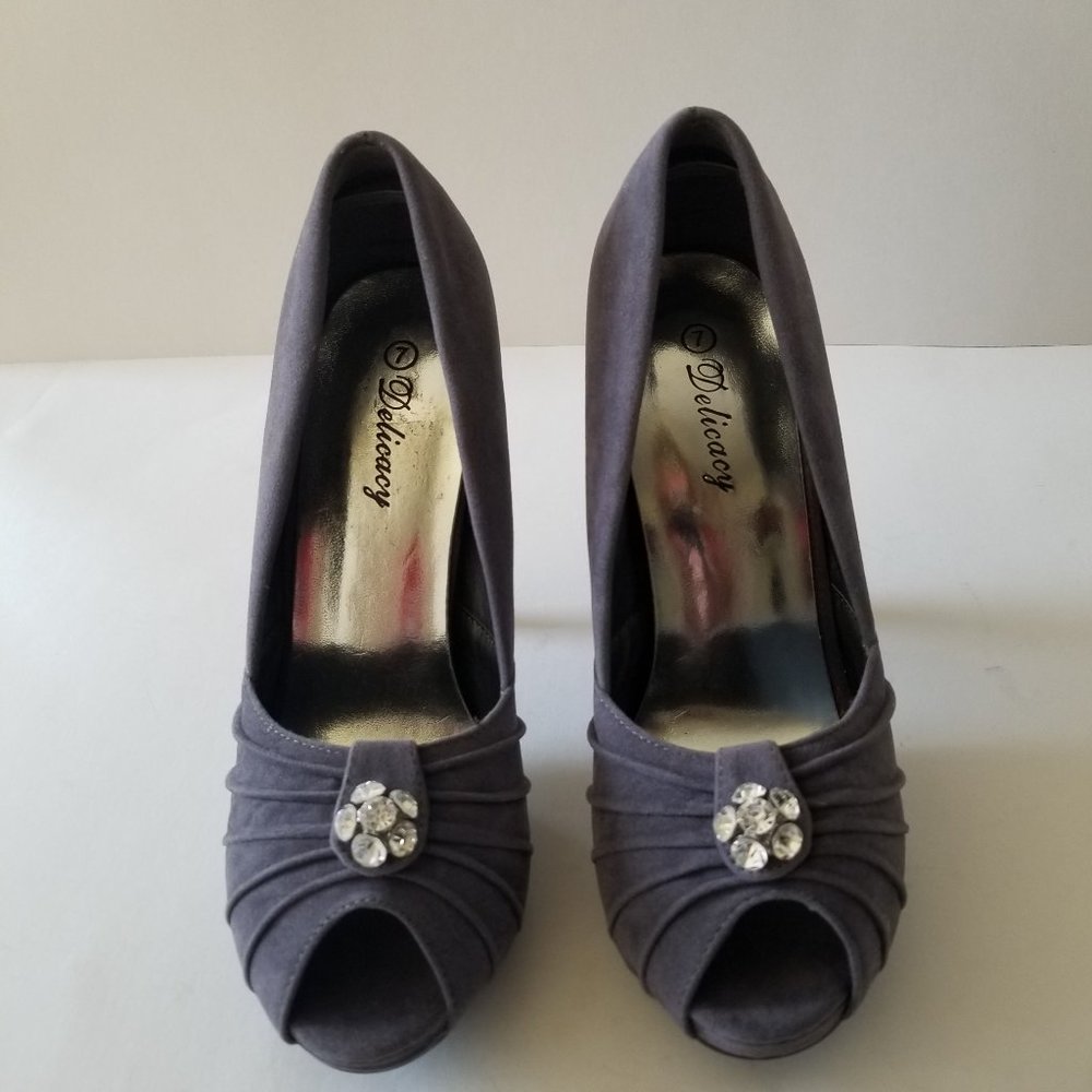 Delicacy Gray Suede Open-Toe Heels w/ Rhinestone Accent size 7